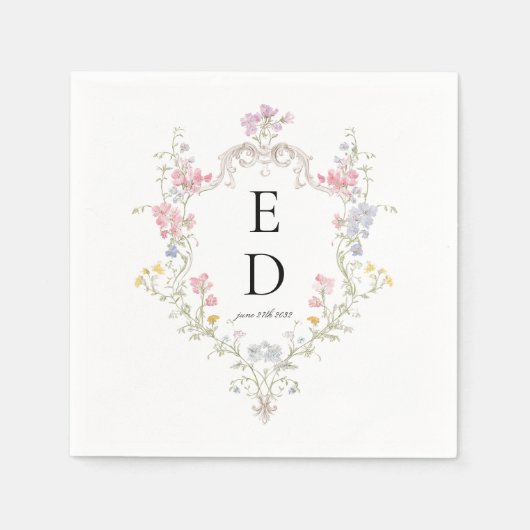 Whimsical Elegant Rococo Floral Crest Monogram Servet (Voorkant)