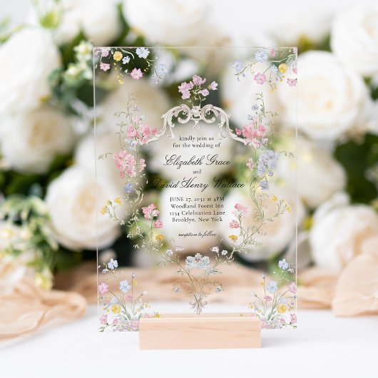 Whimsical Elegant Rococo Floral Crest Wedding Acryl Uitnodigingen