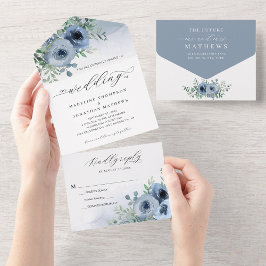 Whimsical Elegant Script Floral Dusty Blue Wedding All In One Uitnodiging