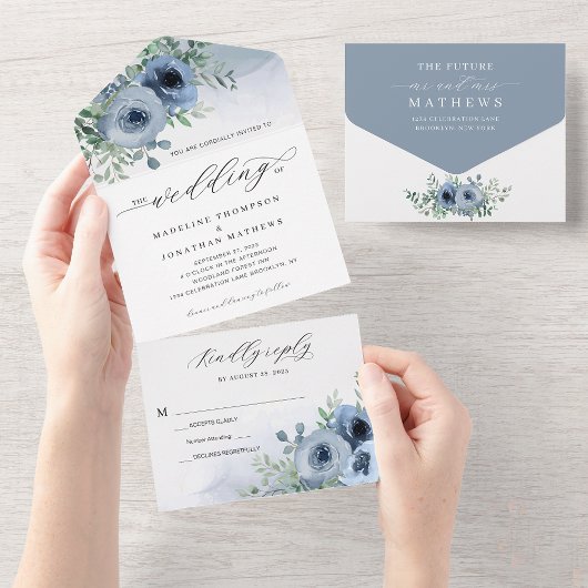 Whimsical Elegant Script Floral Dusty Blue Wedding All In One Uitnodiging