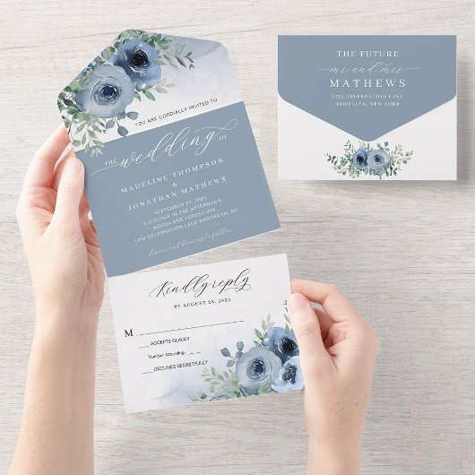 Whimsical Elegant Script Floral Dusty Blue Wedding All In One Uitnodiging