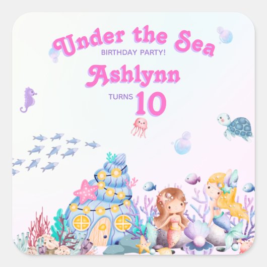 Whimsical Elegant Sweet Under the Sea Mermaid  Vierkante Sticker (Voorkant)