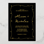 Whimsical  Elegant Zwart en Gouden Bruiloft Folie Uitnodiging (Voorkant)