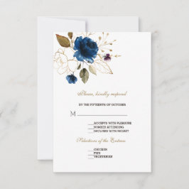 Whimsical Elegante Blauwe Gouden Bloemige Trouw-RS RSVP Kaartje