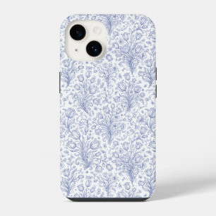 Whimsical Elegante Bloemmotief Blauwe Toile Patron iPhone 14 Hoesje