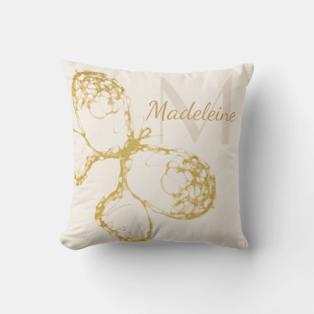 Whimsical Elegante Gouden Vlinder Monogram Boho Kussen (Voorkant)