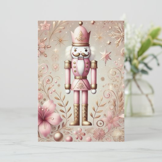 Whimsical Elegante Roze en Gouden Pastel Notenkrak Feestdagenkaart (Staand voorkant)