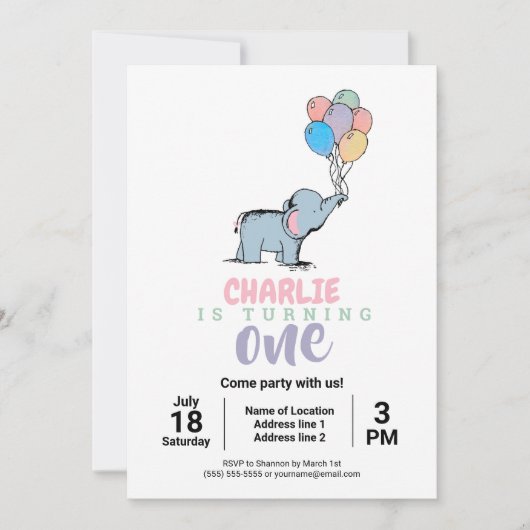 Whimsical Elephant and Balloons verjaardagsuitnodi Kaart (Voorkant)