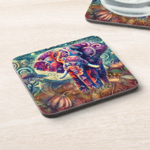 Whimsical Elephant at Night Blue Paarse Sterren Ma Bier Onderzetter
