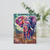 Whimsical Elephant at Night Blue Paarse Sterren Ma Briefkaart (Staand voorkant)
