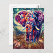 Whimsical Elephant at Night Blue Paarse Sterren Ma Briefkaart (Voorkant / Achterkant)