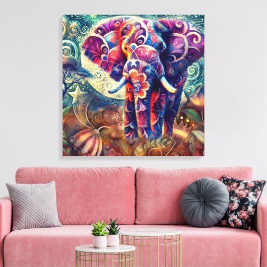 Whimsical Elephant at Night Blue Paarse Sterren Ma Canvas Afdruk (Insitu (Woonkamer))