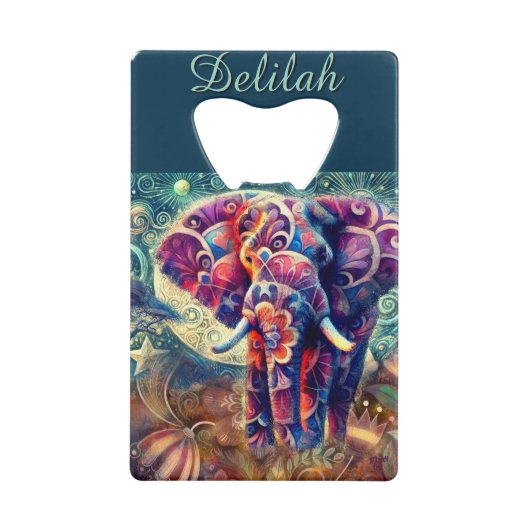 Whimsical Elephant at Night Blue Paarse Sterren Ma Creditkaart Flessenopener (Voorkant)