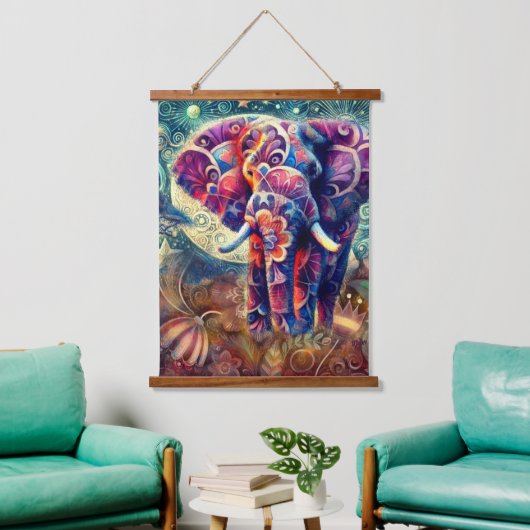 Whimsical Elephant at Night Blue Paarse Sterren Ma Hangend Wandkleed (Woonkamer)