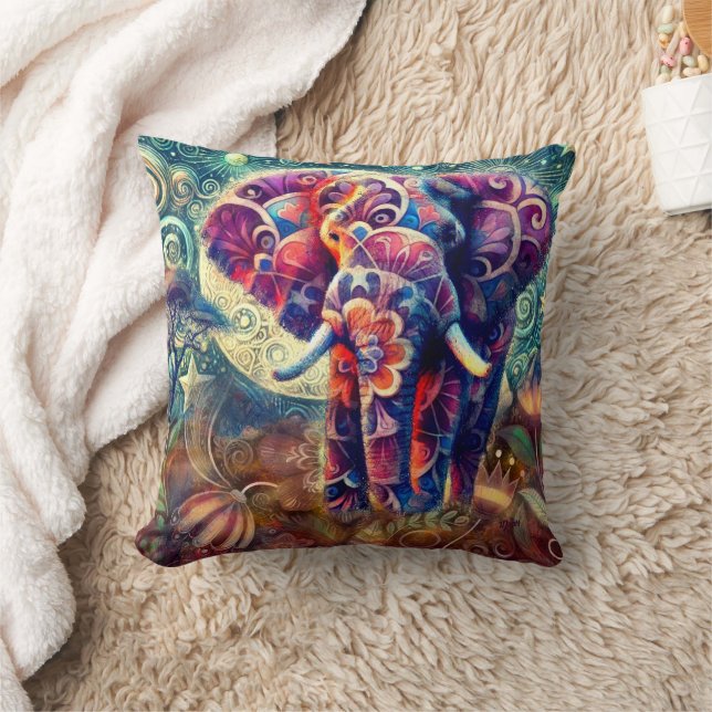 Whimsical Elephant at Night Blue Paarse Sterren Ma Kussen (Deken)