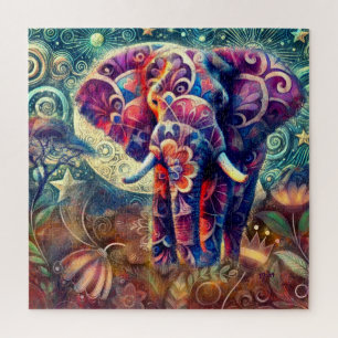 Whimsical Elephant at Night Blue Paarse Sterren Ma Legpuzzel