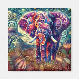 Whimsical Elephant at Night Blue Paarse Sterren Ma Magneet