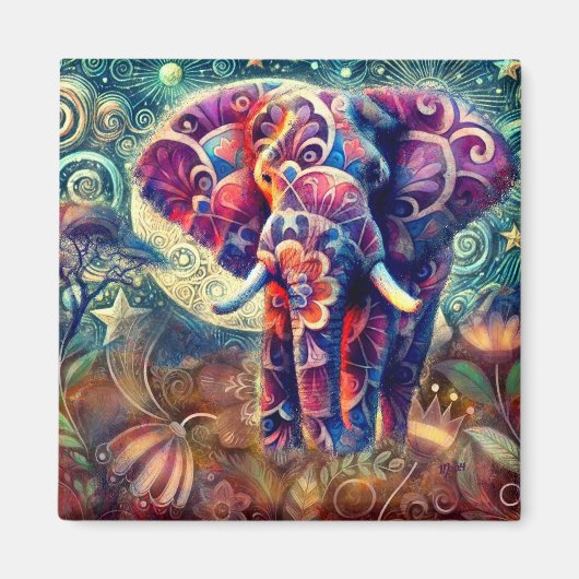 Whimsical Elephant at Night Blue Paarse Sterren Ma Magneet (Voorkant)