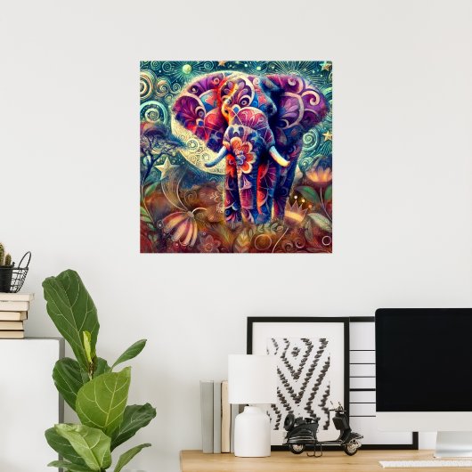 Whimsical Elephant at Night Blue Paarse Sterren Ma Poster (Thuiskantoor)
