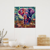 Whimsical Elephant at Night Blue Paarse Sterren Ma Poster (Keuken)