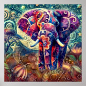 Whimsical Elephant at Night Blue Paarse Sterren Ma Poster (Voorkant)