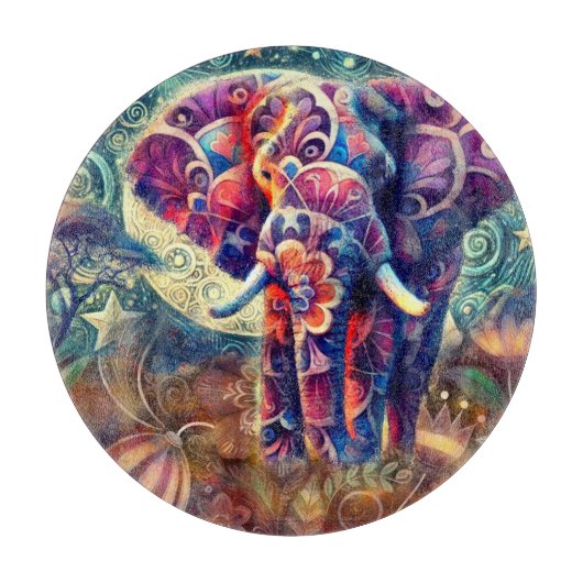 Whimsical Elephant at Night Blue Paarse Sterren Ma Snijplank (Voorkant)