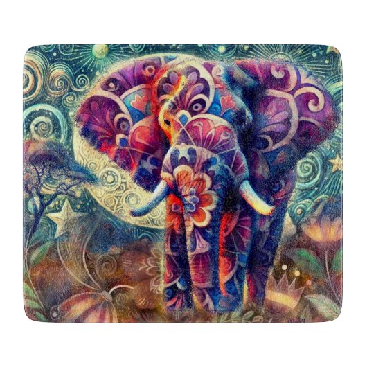 Whimsical Elephant at Night Blue Paarse Sterren Ma Snijplank (Voorkant)