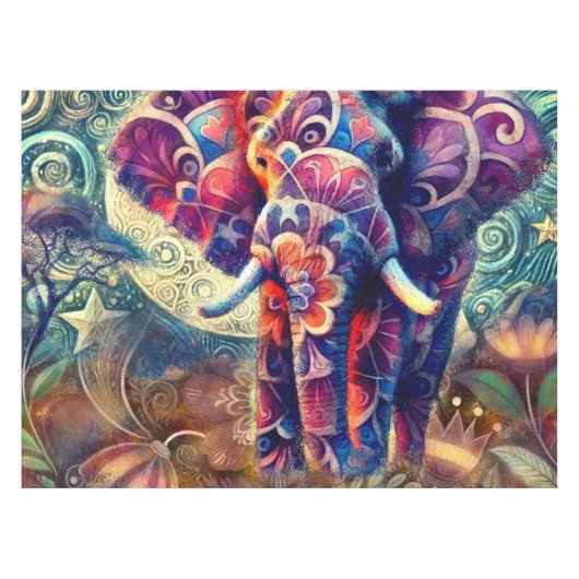 Whimsical Elephant at Night Blue Paarse Sterren Ma Tafelkleed (Voorkant (Horizontaal))
