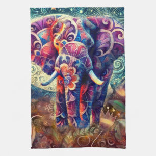 Whimsical Elephant at Night Blue Paarse Sterren Ma Theedoek