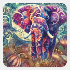 Whimsical Elephant at Night Blue Paarse Sterren Ma Vierkante Sticker