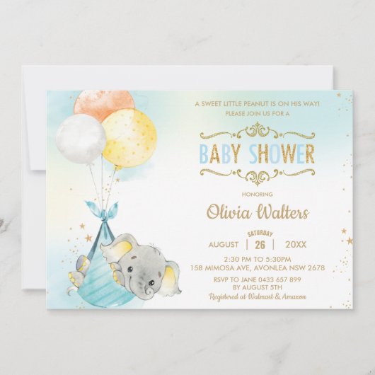 Whimsical Elephant Balloons Baby shower Boy Kaart (Voorkant)