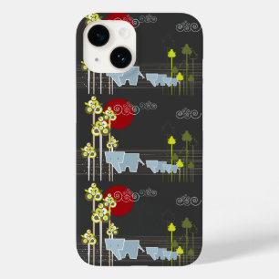 Whimsical Elephant Family in Forest & Red Sun Case-Mate iPhone 14 Hoesje