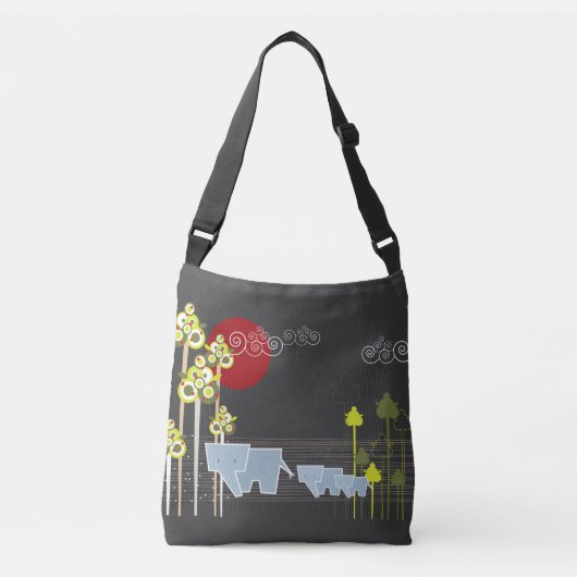 Whimsical Elephant Family in Forest & Red Sun Crossbody Tas (Voorkant)