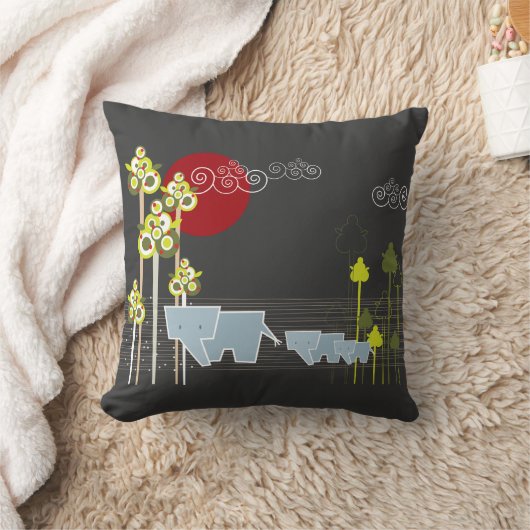 Whimsical Elephant Family in Forest & Red Sun Kussen (Deken)