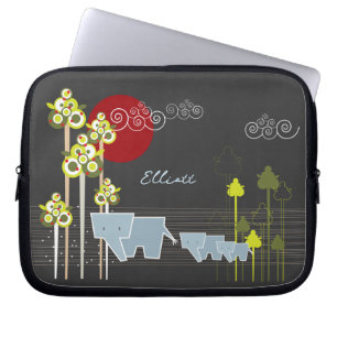 Whimsical Elephant Family in Forest & Red Sun Laptop Sleeve