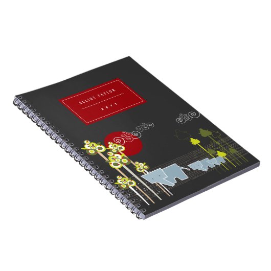 Whimsical Elephant Family in Forest & Red Sun Notitieboek (Rechterzijde)
