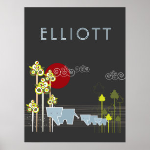 Whimsical Elephant Family in Forest & Red Sun Poster