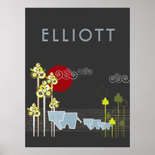 Whimsical Elephant Family in Forest & Red Sun Poster (Voorkant)