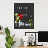 Whimsical Elephant Family in Forest & Red Sun Poster (Thuiskantoor)