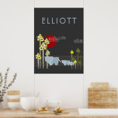 Whimsical Elephant Family in Forest & Red Sun Poster (Keuken)