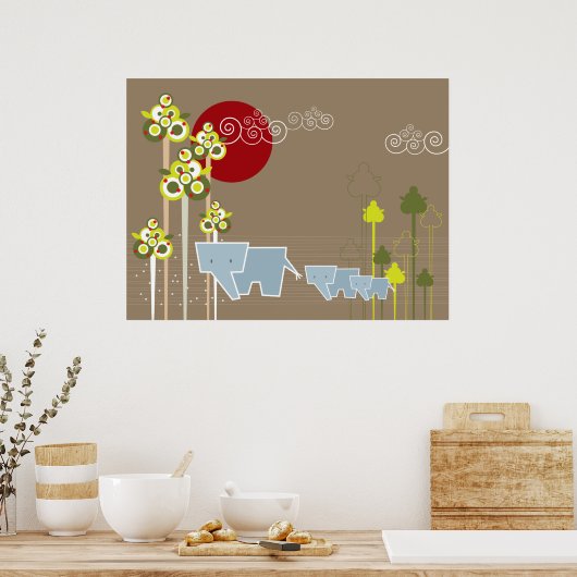 Whimsical Elephant Family in Forest & Red Sun Poster (Keuken)