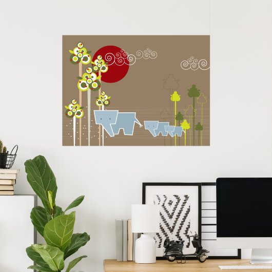 Whimsical Elephant Family in Forest & Red Sun Poster (Thuiskantoor)