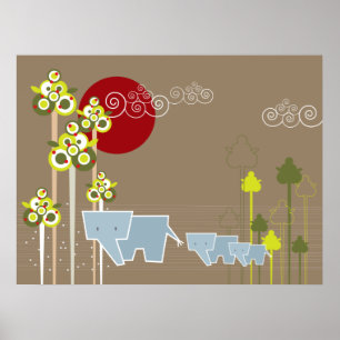 Whimsical Elephant Family in Forest & Red Sun Poster