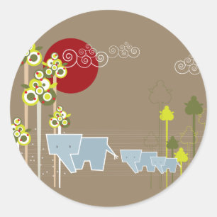 Whimsical Elephant Family in Forest & Red Sun Ronde Sticker