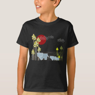 Whimsical Elephant Family in Forest & Red Sun T-shirt
