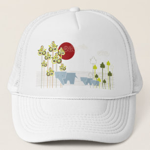 Whimsical Elephant Family in Forest & Red Sun Trucker Pet
