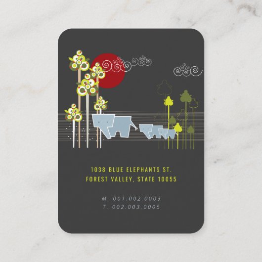 Whimsical Elephant Family in Forest & Red Sun Visitekaartje (Achterkant)