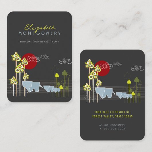 Whimsical Elephant Family in Forest & Red Sun Visitekaartje (Voorkant / Achterkant)