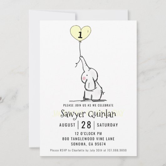 Whimsical Elephant First Birthday Invitation Kaart (Voorkant)