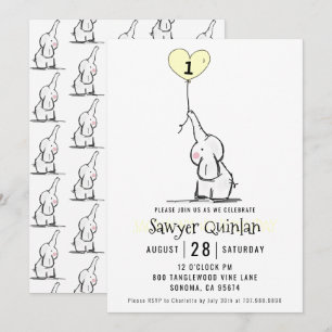 Whimsical Elephant First Birthday Invitation Kaart